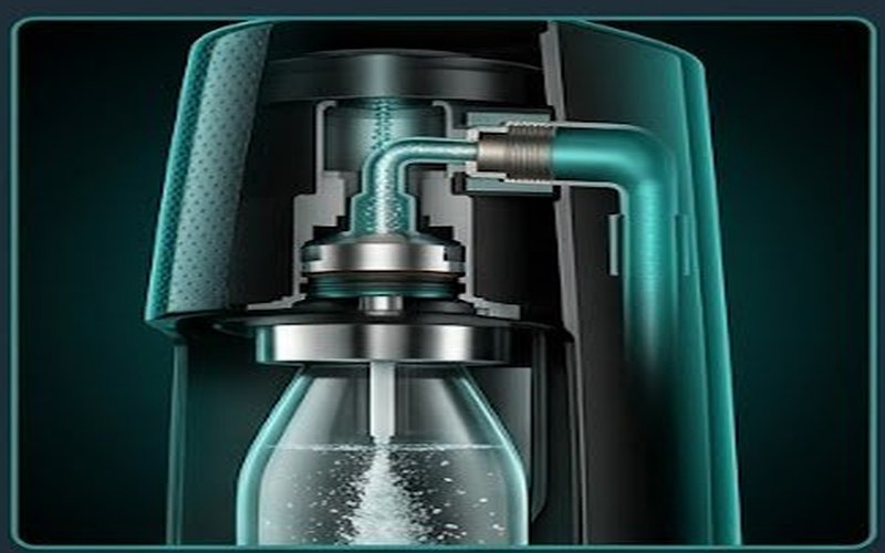 Internal mechanism of a home soda maker showing the CO₂ injection system