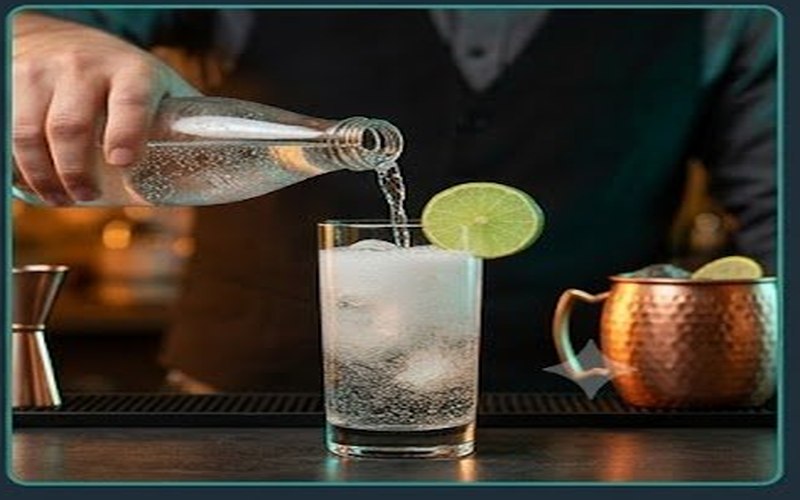 Pouring homemade sparkling water into a highball glass with lime and ice